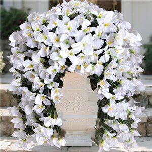2pcs Outdoor Artificial Faux Bougainvillea Hanging Flowers Plants, Fake White
